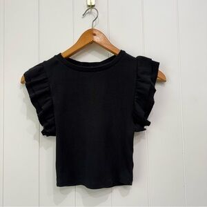 Zara Black Ribbed Ruffled Cap Sleeves Cotton Crop Top Size Medium